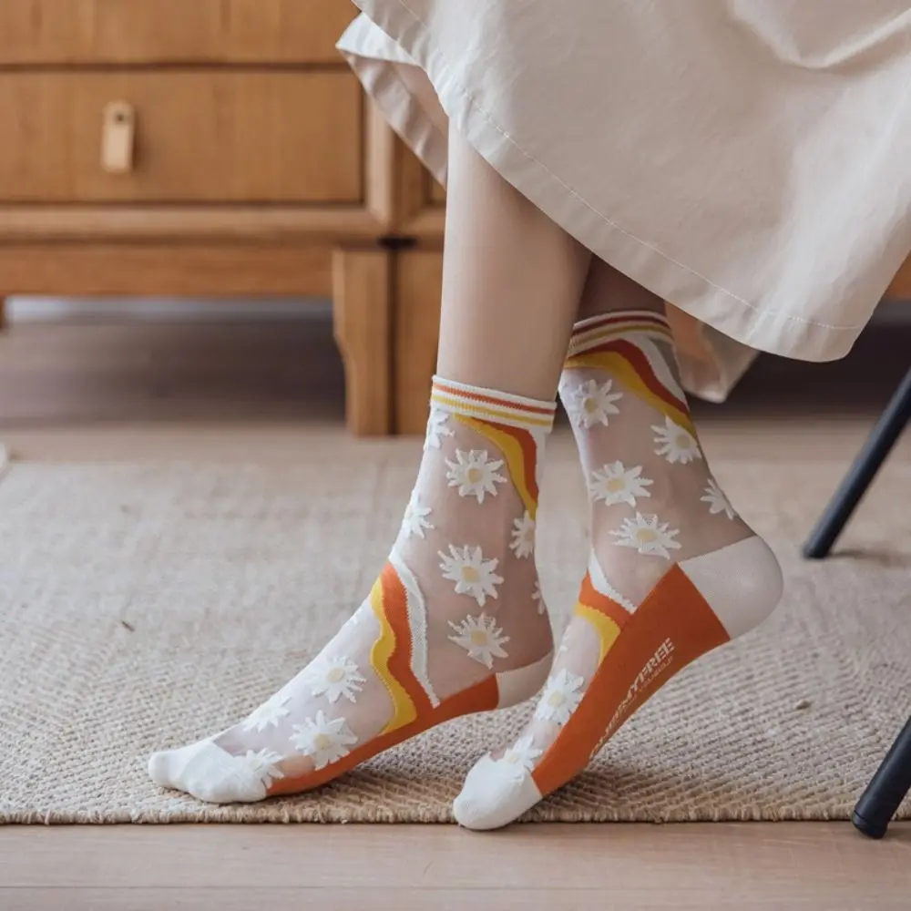 

5Pairs Mesh Transparent Flower Socks Ins Style Breathable Tulle Mid Tube Socks Female Hosiery Glass Silk Sweet Socks Women Girl