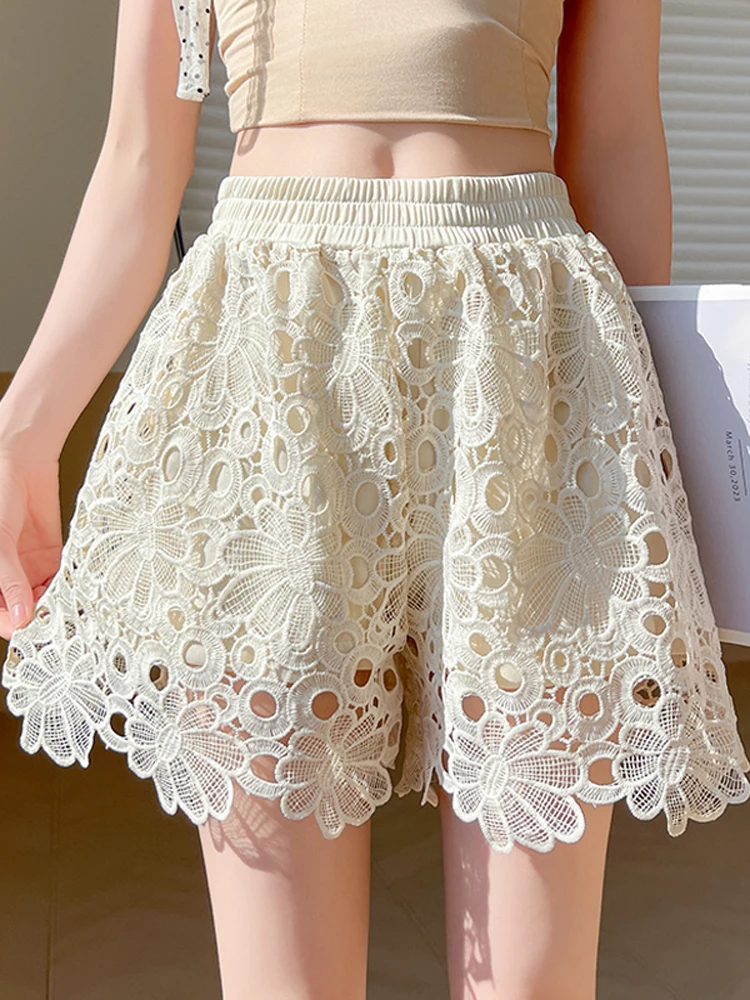 

Lace Hollow out High Waist Shorts Women Summer Thin Wide Leg Loose Fit A-Line Elastic Waist A-Frame Outerwear Pants
