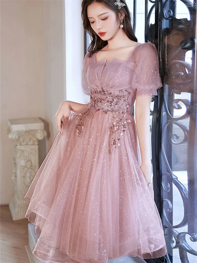 Dress Women Pink Elegant Sequin Square Neck Solid Color Short Sleeve Mid-length A-line Skirt Spring Summer Female Clothing M192