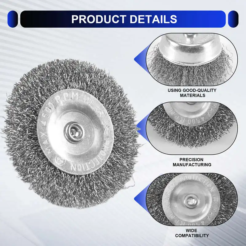 8 Piece Wire Brush Wheel Cup Brush Set 1/4Inch Hex Shank Coarse Crimped Carbon Steel Wire Wheel for Rust Removal-A62I view 6