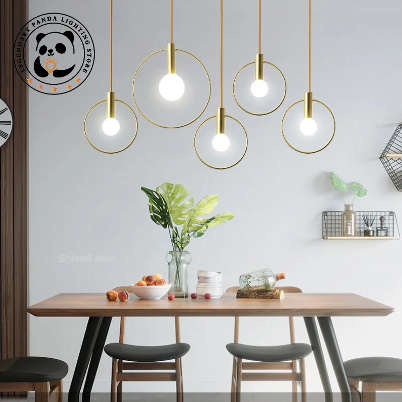 Nordic Simplicity Pendant Lights Round Ring Metallic Luster Hanging Lamps Bedroom Bedside Dinning Room Bar Porch Decor Fixtures