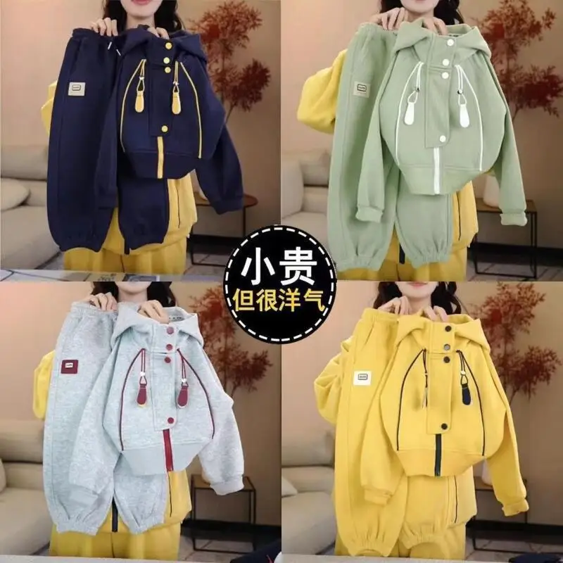 

Kawaii комплект пальто и брюк для девочек, модный студенческий весенне-осенний повседневный топ с капюшоном в стиле аниме, длинные штаны, комплект из 2 предметов, детская одежда