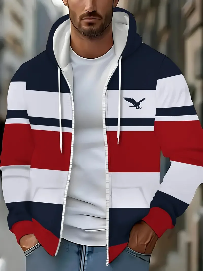 남성용 스트라이프 블랙 앤 화이트 그레이 라인 프린트 지퍼 후드 캐주얼 가을 겨울 아웃도어 재킷 y2k 지퍼 남성용 스웨트셔츠