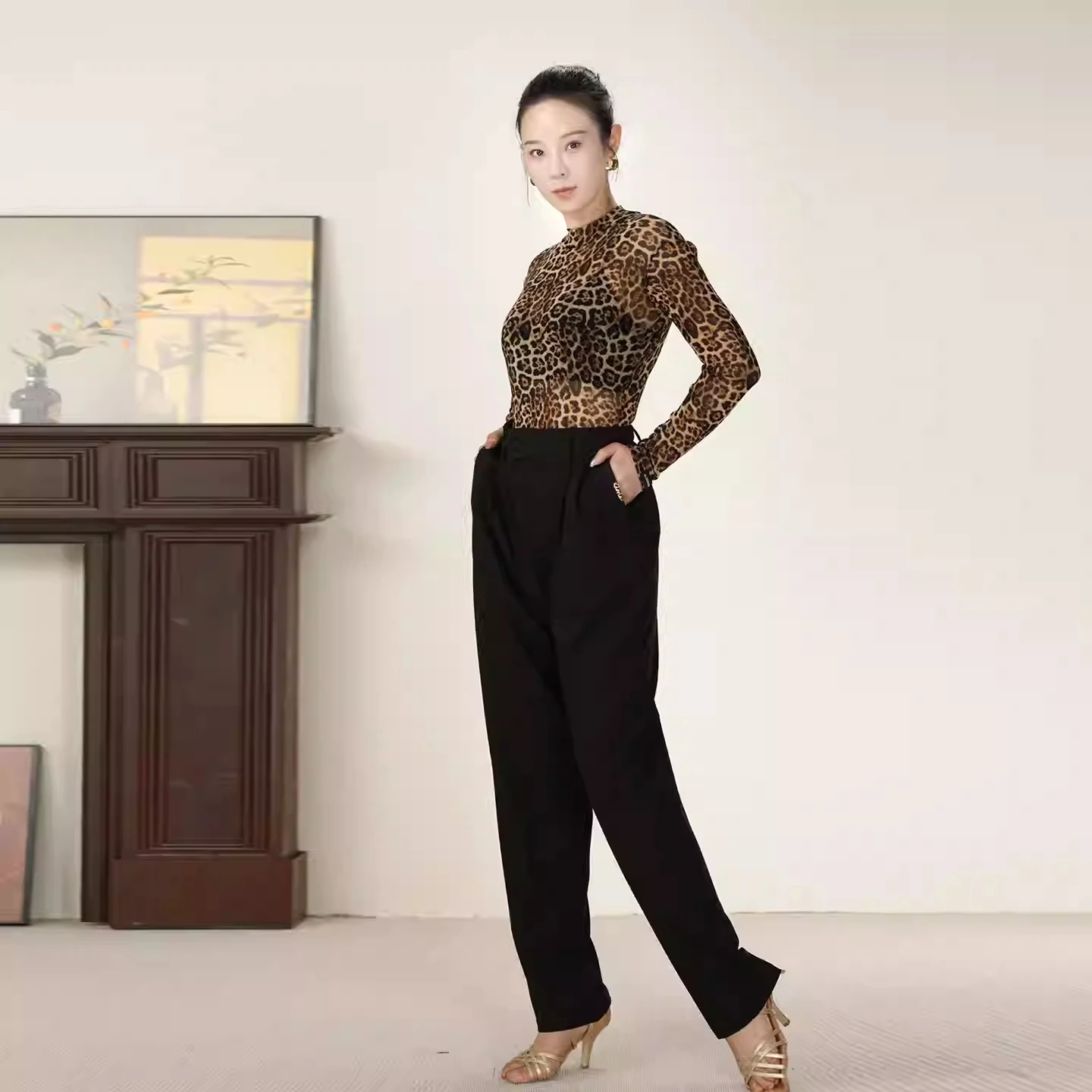 2025 Latin dance costume female adults new high waist slimming straight leg loose long pants tango chacha samba practice pants