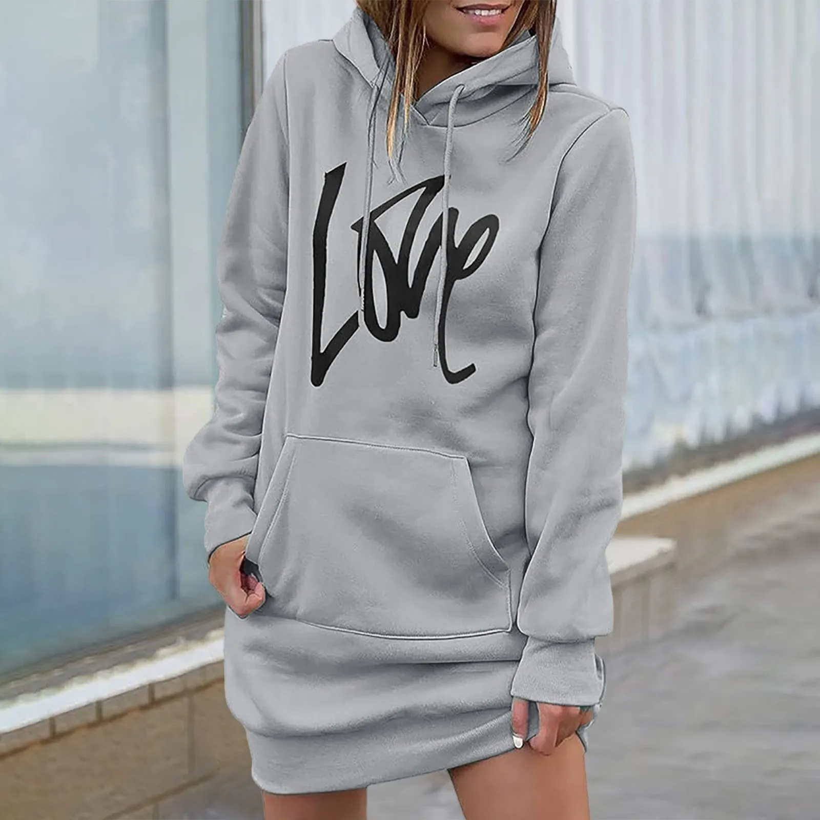 

Letter Print Green Hooded Long-sleeve Drawstring Casual Hoodie Dress Streetwear Female Clothing 2024 Autumn Winter Vestidos Robe