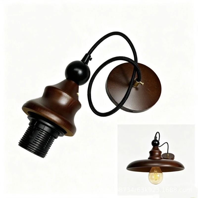 Vintage Walnut Colored Lamp Holder Hanging Wire Pendant Light Accessory Solid Wood E27 Light Socket Lampshade Fixed