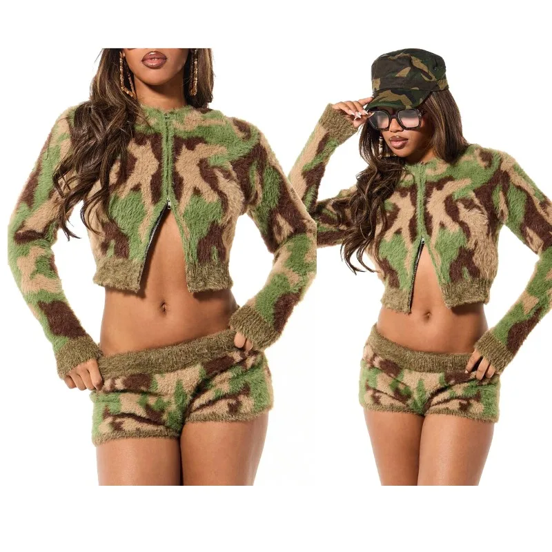 

Fuzzy Camo Women's 2 Piece Outfit, Hooded Zip Up Crop Top + High Waist Shorts Set, Sexy Y2K Streetwear for Club Party Night Out