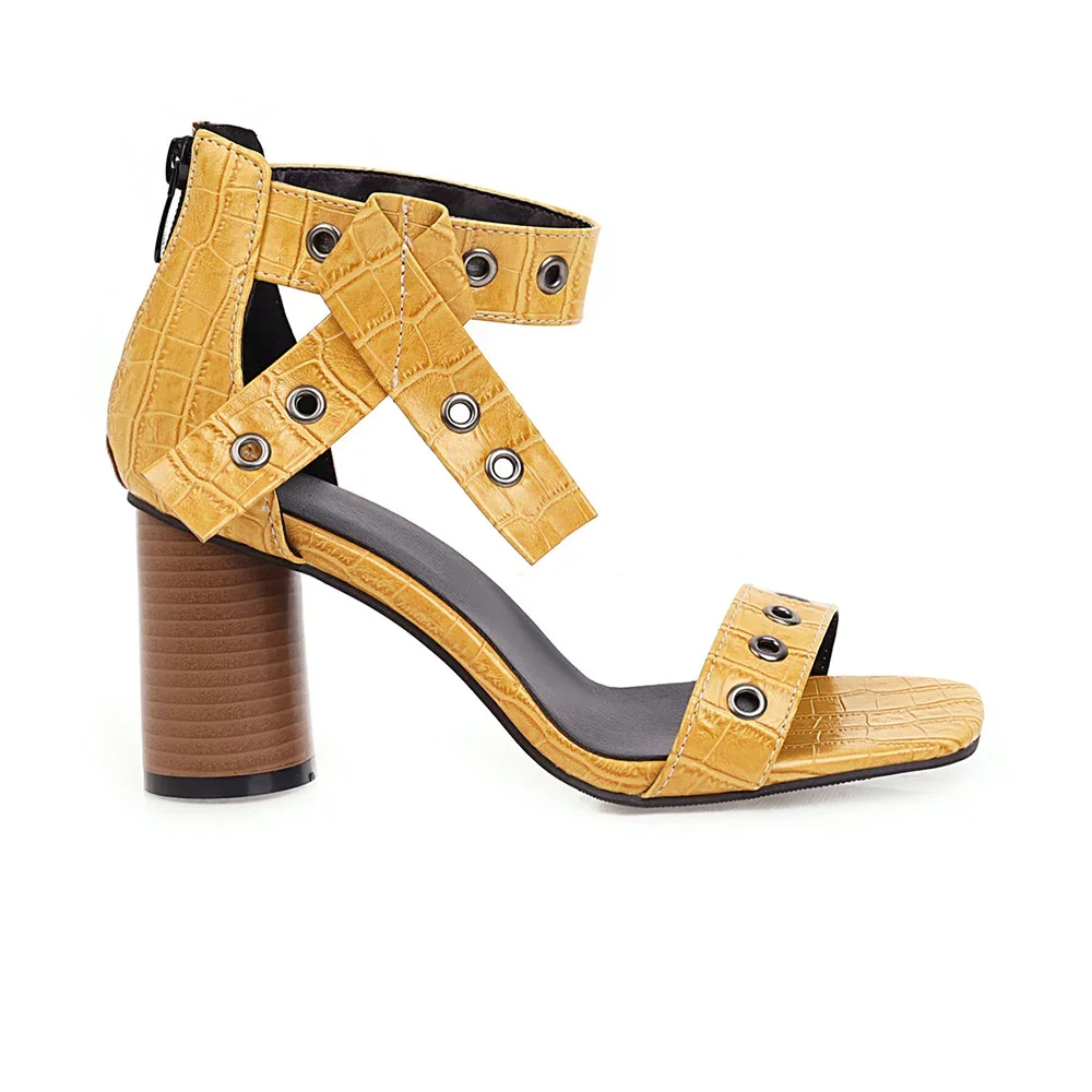 New Summer Sexy Yellow Black Women Sandals Fashion High Round Heel Office Lady Shoes Plus Small Big Size 32 43 45 48