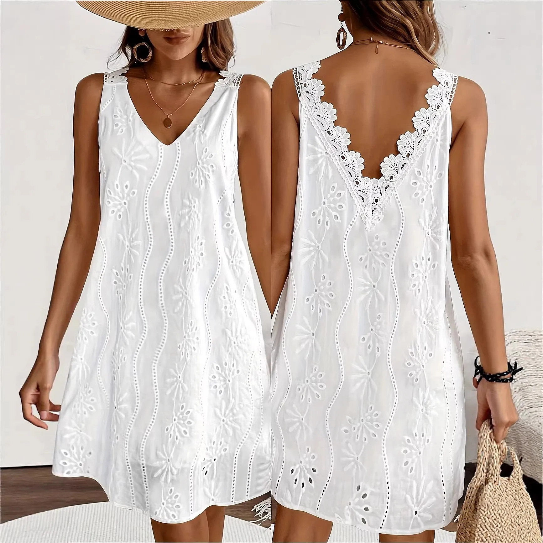Women's Sleeveless V-Neck Lace Dress Summer Beach Vacation White Backless Dresses Jumpsuit Playsuit