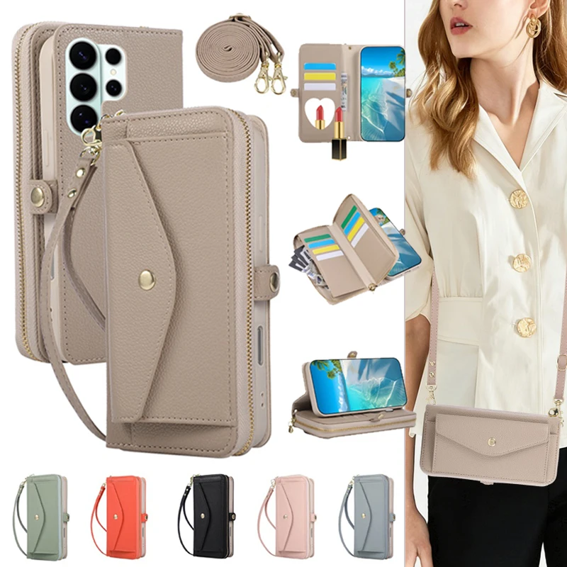 

Crossbody Leather Wallet Phone Case for Samsung Galaxy S26 Ultra S25 Edge S24 FE S23 Plus S22 S21 Zipper Card Funda Mirror Cover