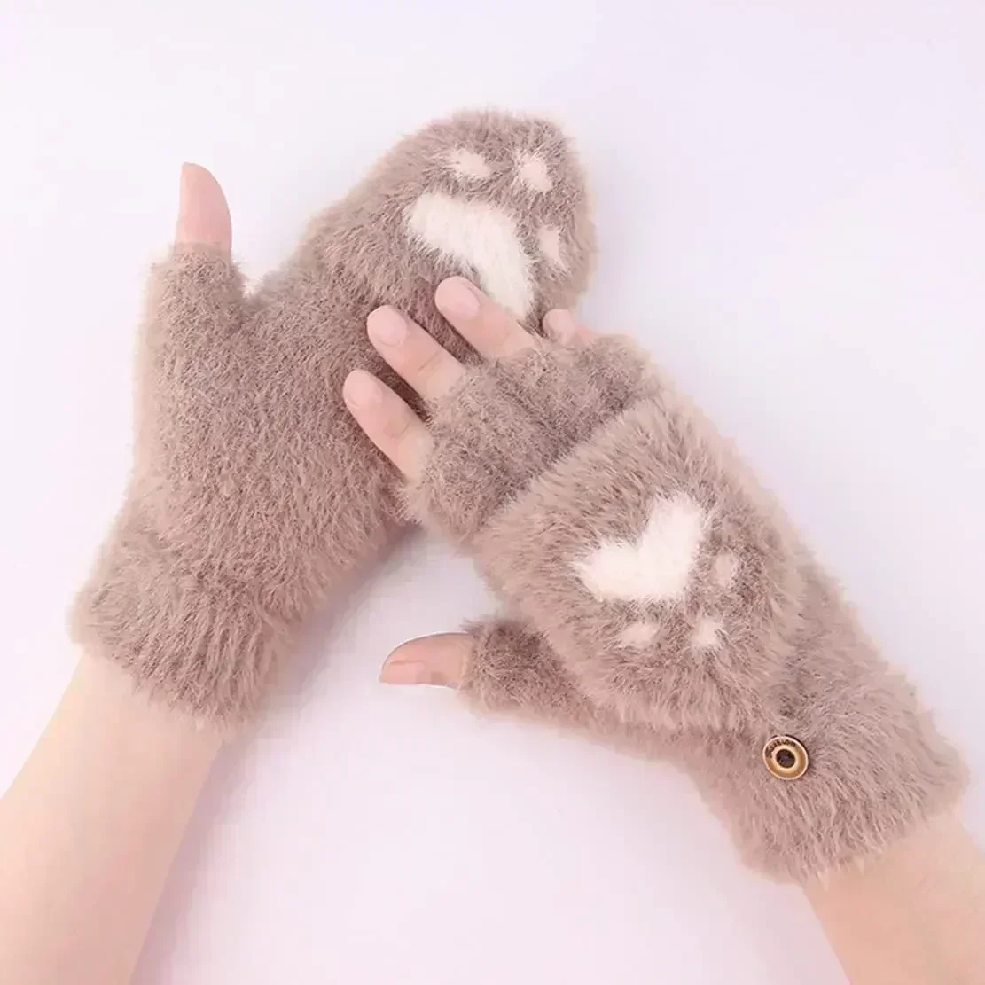 2023 New Cartoon Cat Paw Gloves Fingerless Flip Mittens Winter Warm Fleece Touch Screen Gloves Flip Knit Mittens For Women Girls