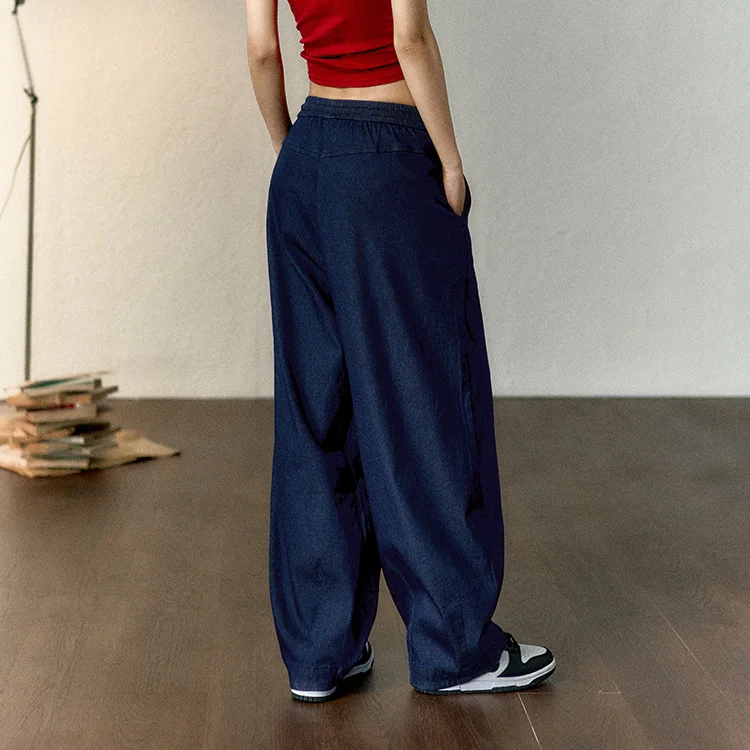 

Maden Women's Ice Silk Cool Feeling Denim Blue Jeans Loose Fit Wide Leg Pants Elastic Waist Contrasting Color Tassel Waist Cord