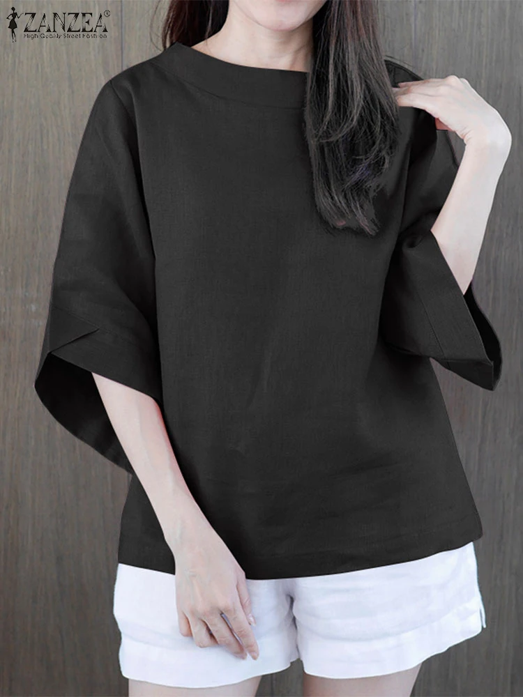 Camicette solide estive da donna ZANZEA Camicia allentata casual con maniche a 3/4 Moda O Collo Vacanza Blusas Elegante lavoro OL Top Mujer Femme