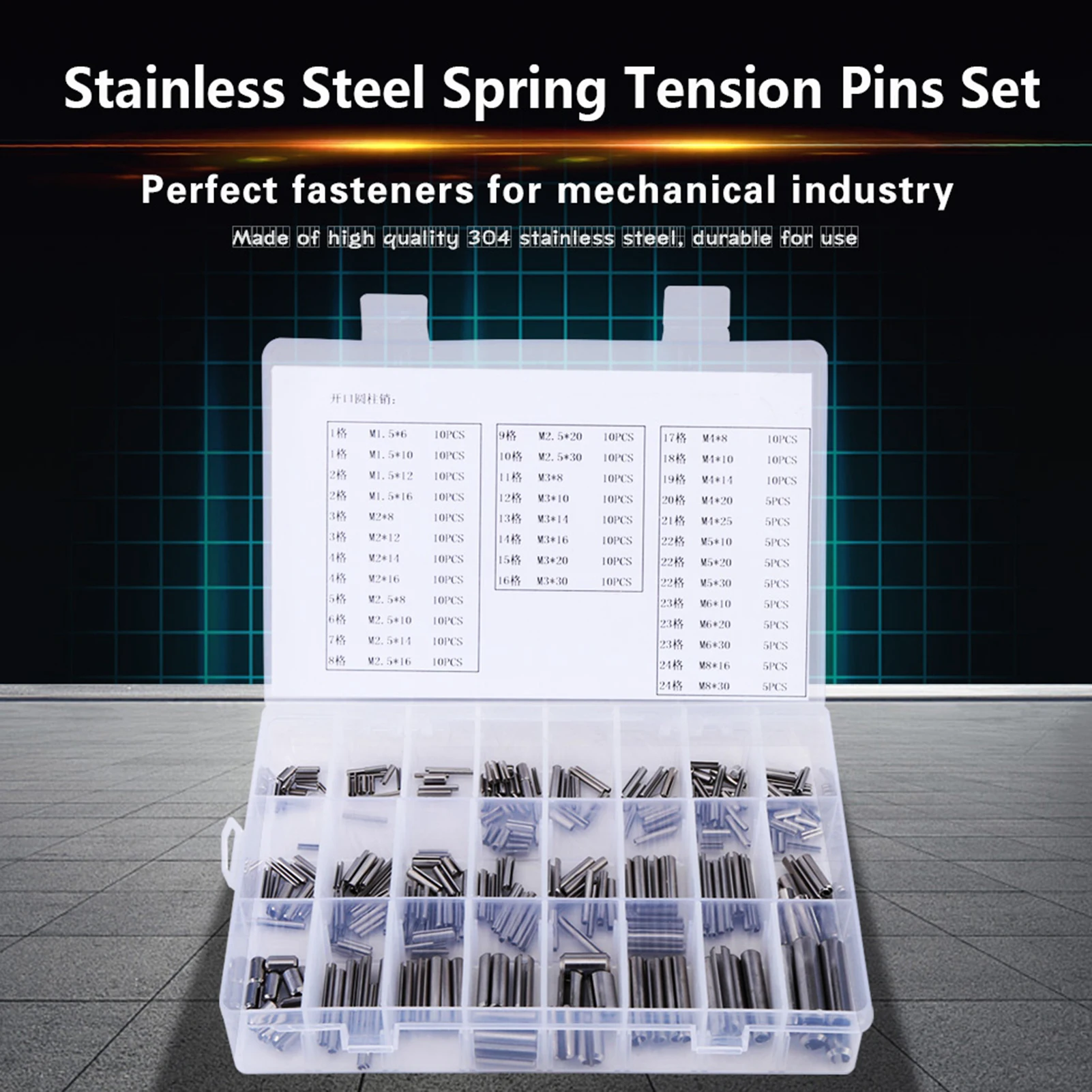 280Pcs Stainless Steel Spring Tension Pins Set M1.5 M2 M2.5 M3 M4 M5 M6 M8 with Box