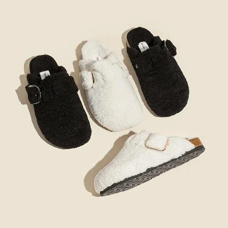 Maogu Mules Fur Woman Shoes Winter New Buckle Flats Platform Walking Plush Ladies Slides Casual Warm Indoor 2023 Women Slippers