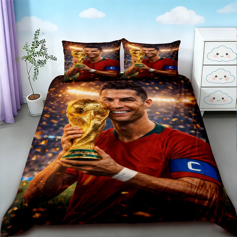 Housse de couette Cristiano Ronaldo, ensemble de literie Football CR7 pour une chambre confortable et respirante, cadeaux pour les fans, taille Queen King