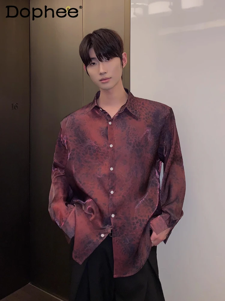 

Male 2025 Trendy Thin Single Row Multiple Buttons Shirts Original Niche Tie-dye Leopard Printing Tops Men's Long-sleeve Shirt