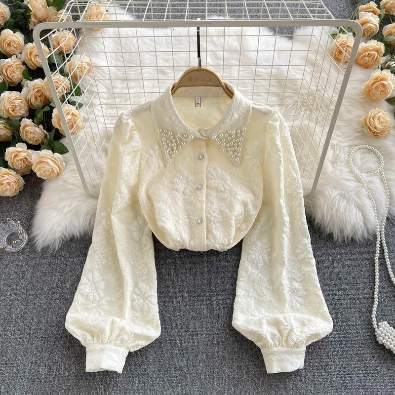 Shirts Women Pearl Appliques Retro Classic Elegant Fashion Cozy Streetwear Office Lady Korean Style Prevalent Spring New Рубашки