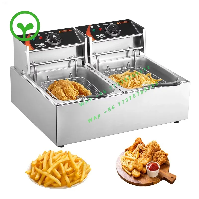【Premium】SucceBuy 12L Commercial Electric Deep Fryer w/Dual Tanks 3000W  Stainless Steel Counter  Fryer for Fried Chicken French