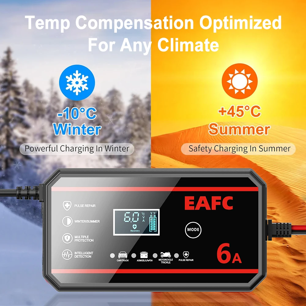 EAFC 6A /8A 12V Intelligentes Autobatterieladegerät Auto- und Motorradbatterieleinheit Blei-Säure-Batterie-Reparatur LCD-Display – Detail 5