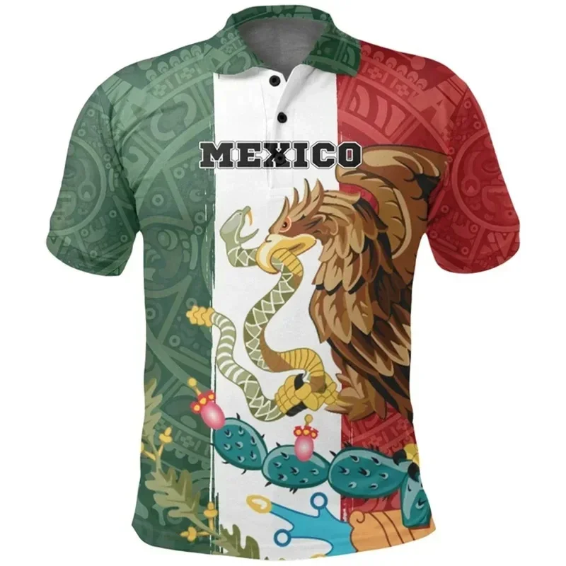 Mexico National Flag Pattern Polo Shirt Men Emblem Graphic 3D Print Tees Summer Street Lapel Top Oversized T-Shirts Short Sleeve