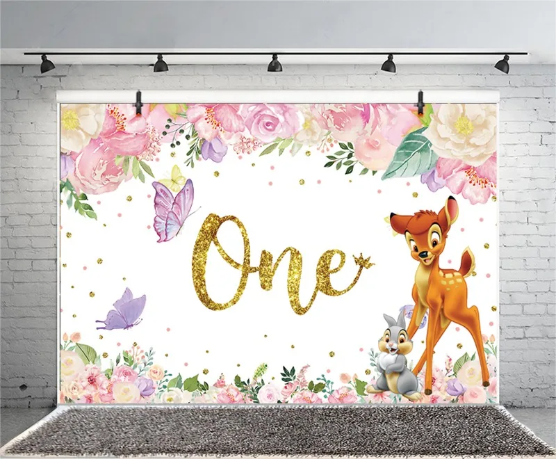 Disney Bambi One Backdrop For Girls 1st Birthday Party Baby Shower Flower Butterfly Photography Background Photo Decor Banner