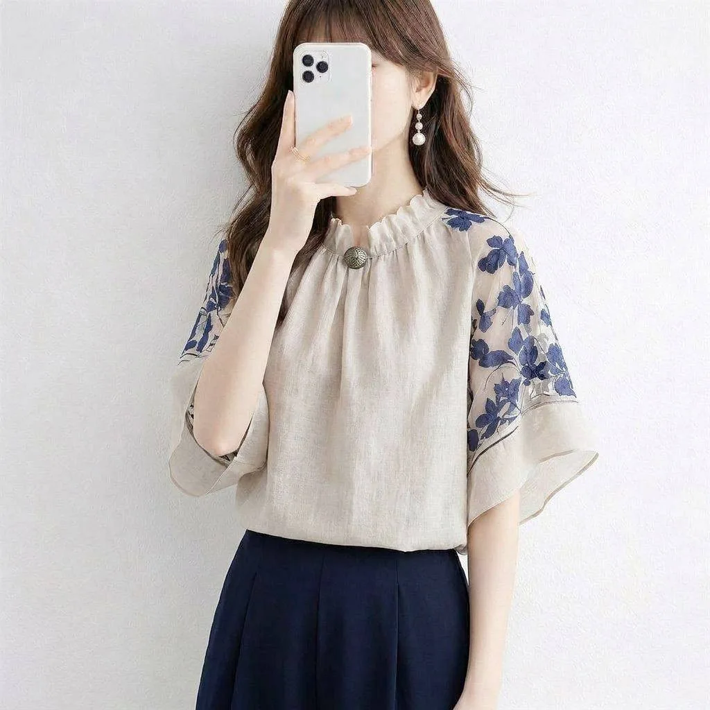 

Summer 2026 Japanese Style Floral Print Halter Neck Short Sleeve Translucent Patchwork Elegant Lace Trim Top Women's Shirt