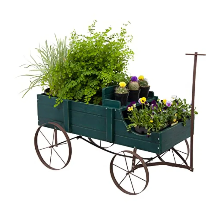 

Decorative Large Buckboard Wagon Garden Planter in Green for Outdoor Use with Rustic Wood and Metal Design