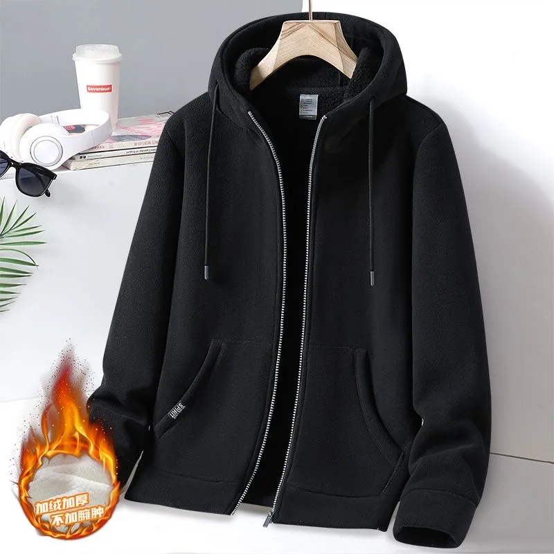 2024 Autumn/Winter New Fashion Solid Color Thick Warm Lamb Fleece Jacket Men's Casual Loose Sports Large Size Hooded Coat M-5XL