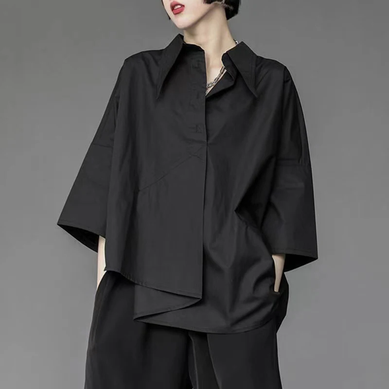 Y2K Women Chiffon Black Shirt Gothic Fashion Streetwear Loose Tops Dark Academic Irregular Casual Three Quarter Female Blouse