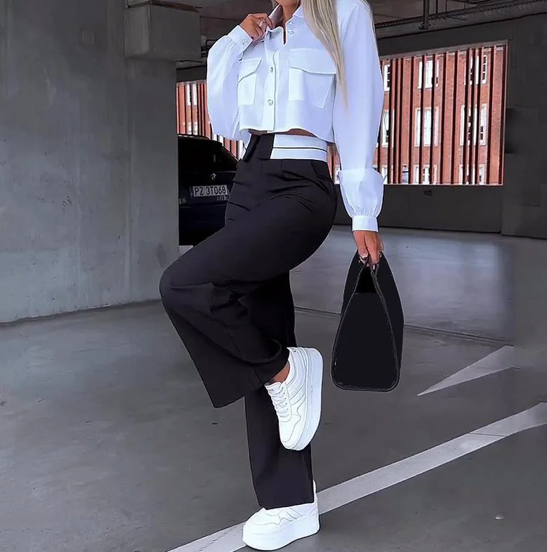 Autumn New Fashion Loose Commute Pants Set with White Short Long Sleeved Shirt Paired with High Waisted Slim Straight Leg Pants