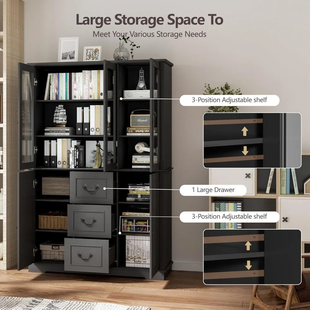 خزانة كتب بطول 71 بوصة، رف كتب للمزرعة مع أدراج وباب زجاجي أكريليك، خزانة تخزين خشبية كبيرة الحجم للدراسة المنزلية