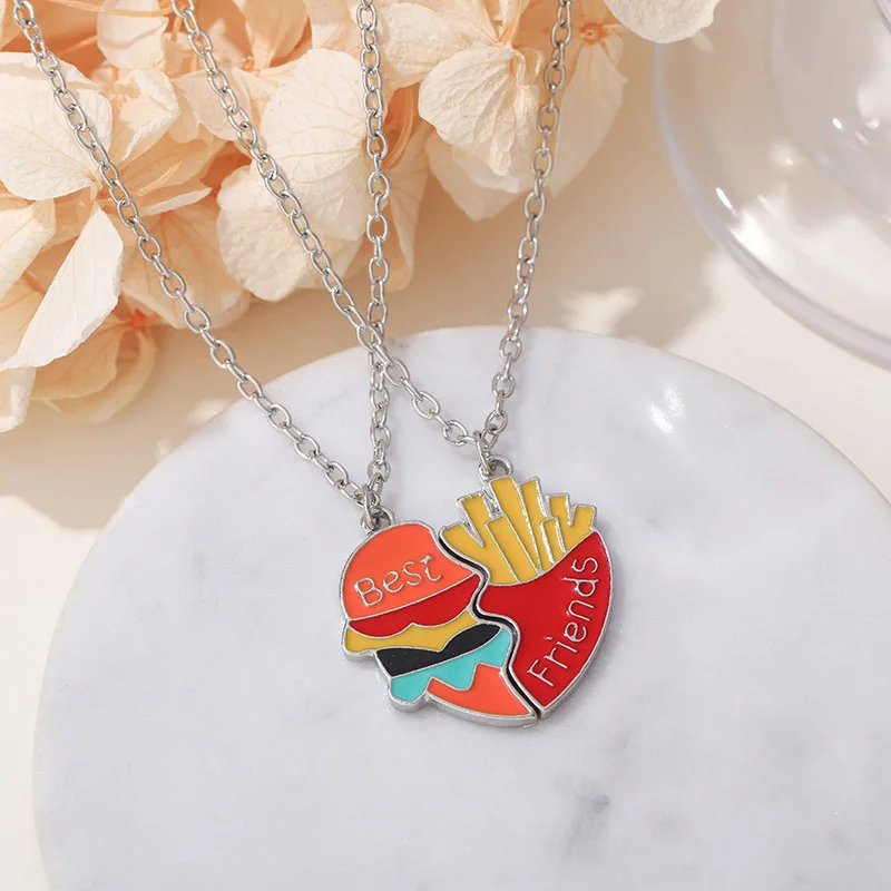 2 uds hamburguesa patatas fritas collar para mejores amigos lindo amor costura colgante creativo Metal corazón joyería regalos de fiesta de cumpleaños 2025