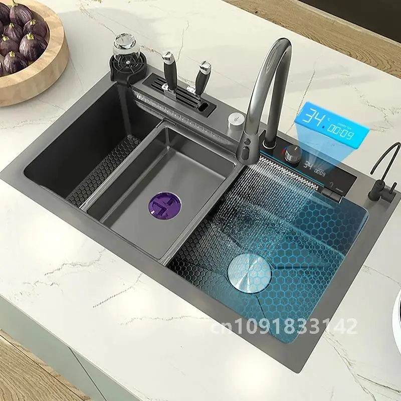 Digital Display Waterfall Kitchen Sink Large Single Slot Nano Stainless Steel Sink Undercounter Honeycomb embossed Washbasin