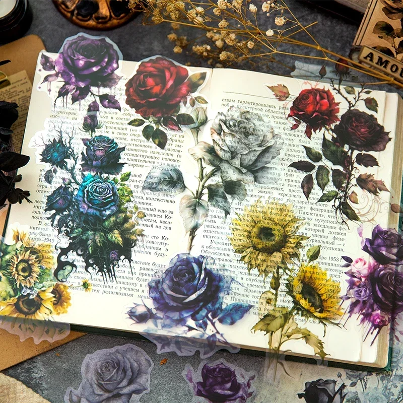 30Pieces Material Bloom Dark Paper Retro Rose Handbook Decoration Handwriting Package Notebooks Scrapbooking 175*105MM