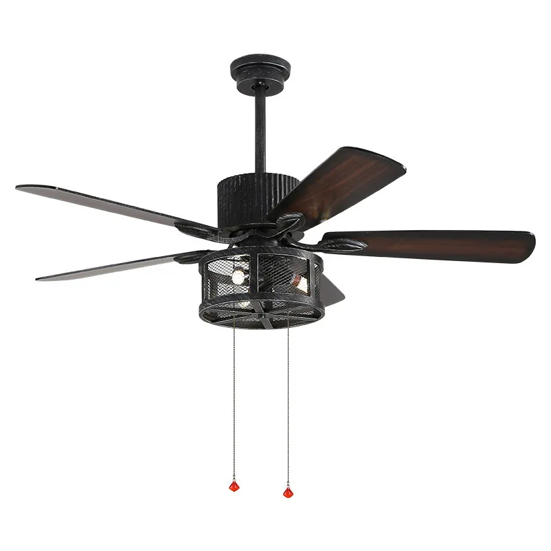 Industrial wind ceiling fan lamp retro dining room living room wood leaf fan retro remote control electric fan lamp