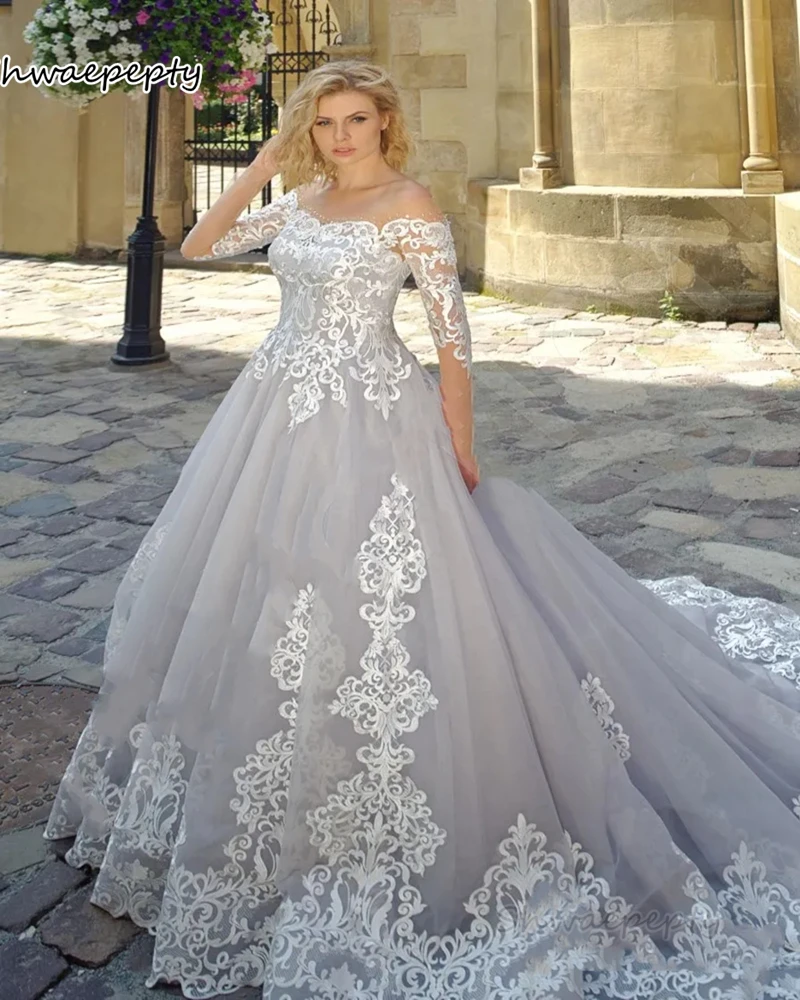 Robe de mariée en tulle avec appliques en dentelle pour femme, robe longue argentée, robe de patients, Demi-manches, robe de jardin, design moderne, ligne A