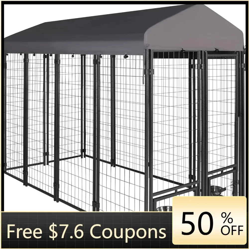 8 x 4 FT Metal Dog Kennel Outdoor and Rotating Feeding Doors, Large Dog Enclosure Dog Playpen House Heavy Duty with Canopy