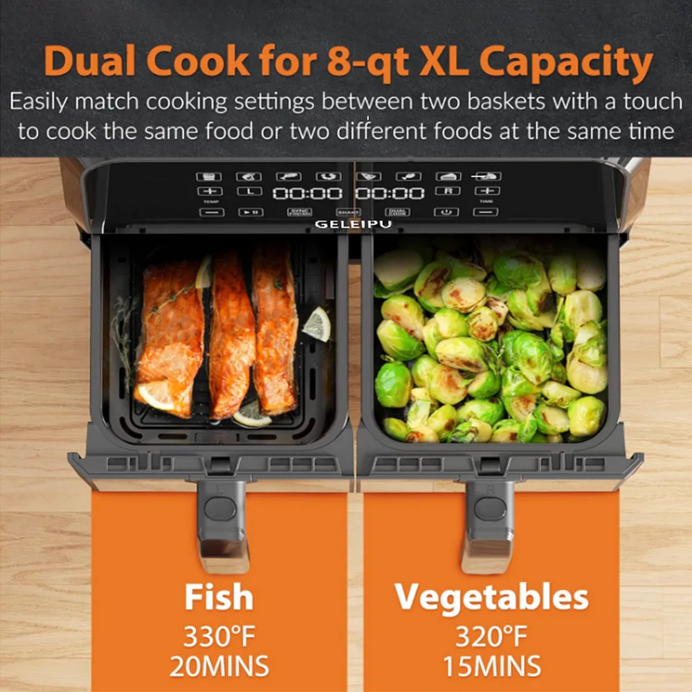 GELEIPU DL28 8 litrów beztłuszczowa frytownica, 8 ustawień gotowania, podwójny kosz nieprzywierający i bezpieczny do zmywarki, 5 minut automatyczne