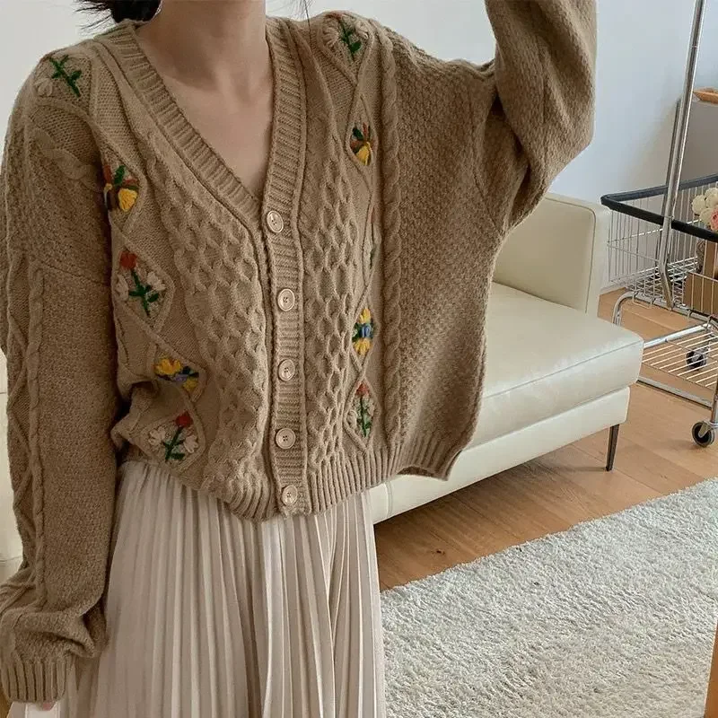 Gagarich Sweater Japanese Soft Female Style Three-dimensional Hook Flower Embroidery Loose Retro Knitting Girl Casual Cardigan