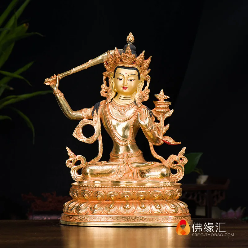 Buddhist Connection: Tantric 10inch Domestic copper fully gilded double-layered lotus pedestal Wisdom Bodhisattva Manjushri Bodh