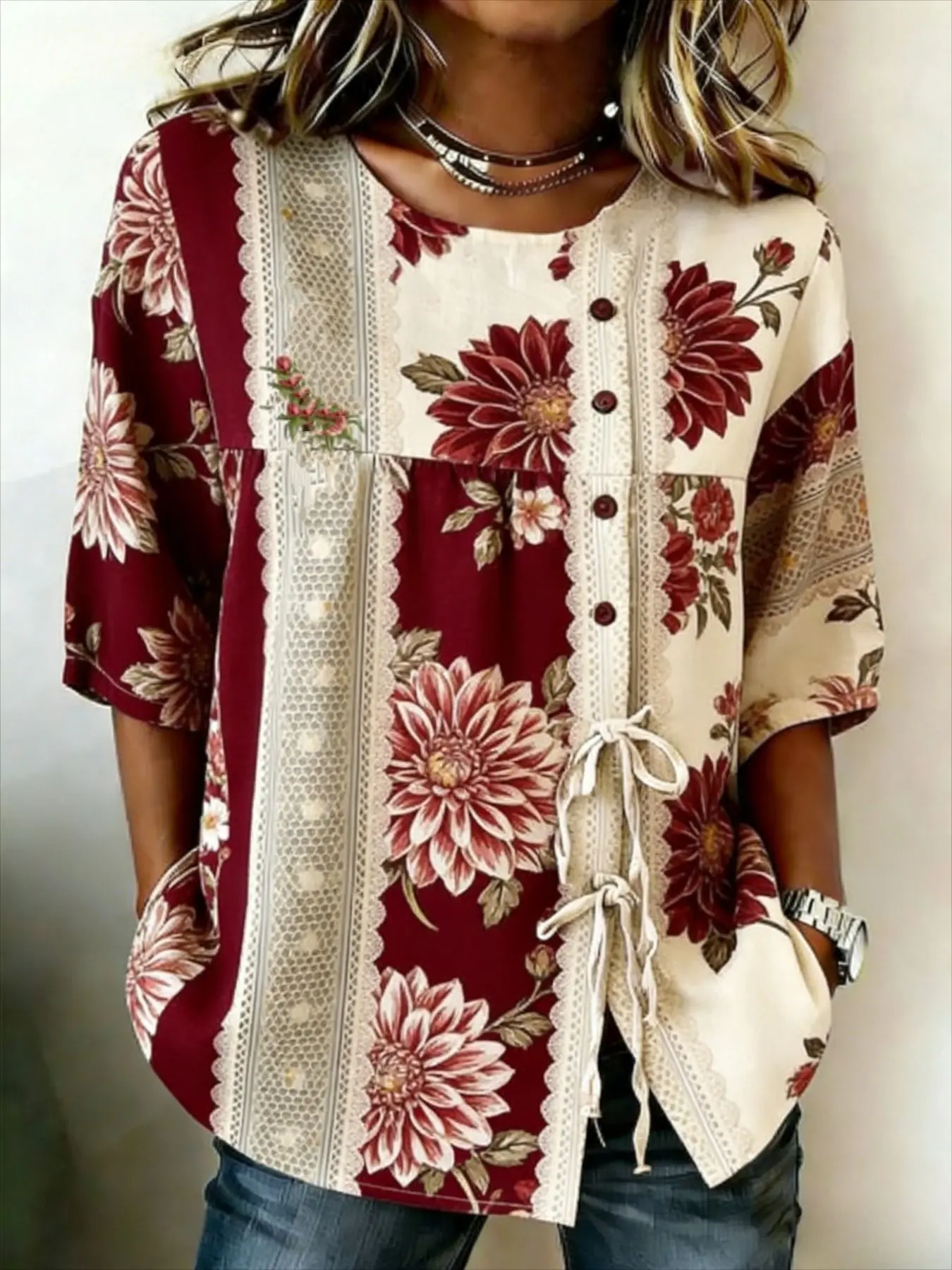 Women's Spring Summer 3D Printed Button Front Drawstring Retro Pastoral Blouse, Wine Red Dahlia Lace Vertical Stripe Floral Top