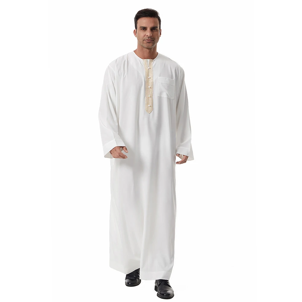 Oem الشرق الأوسط الرجال Thobe الملابس الإسلامية طويلة الأكمام الدانتيل طاقم الرقبة Thobe Thawb القفطان العربية دبي تنفس الصلاة الرجال Thobe