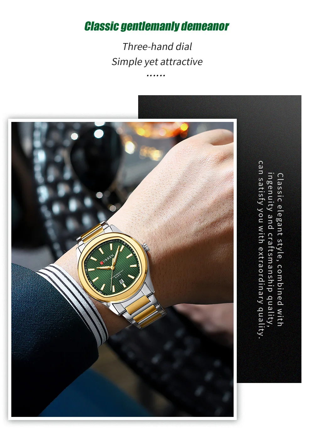 CURREN Modische Minimalistische Quarzuhr für Herren Zweifarbiges Edelstahlarmband Luxus-Armbanduhren mit Leuchtzeigern – Detail 2