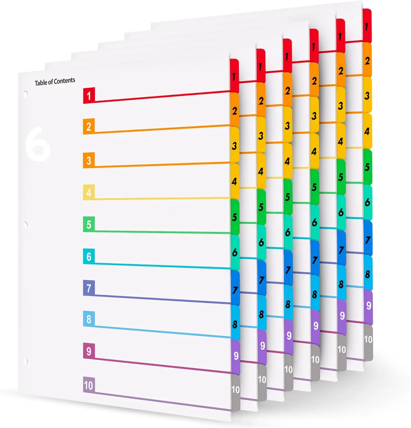 6 Sets Numbered Binder Dividers 1-10 with TOC, 8.5x11, 3-Hole Punched