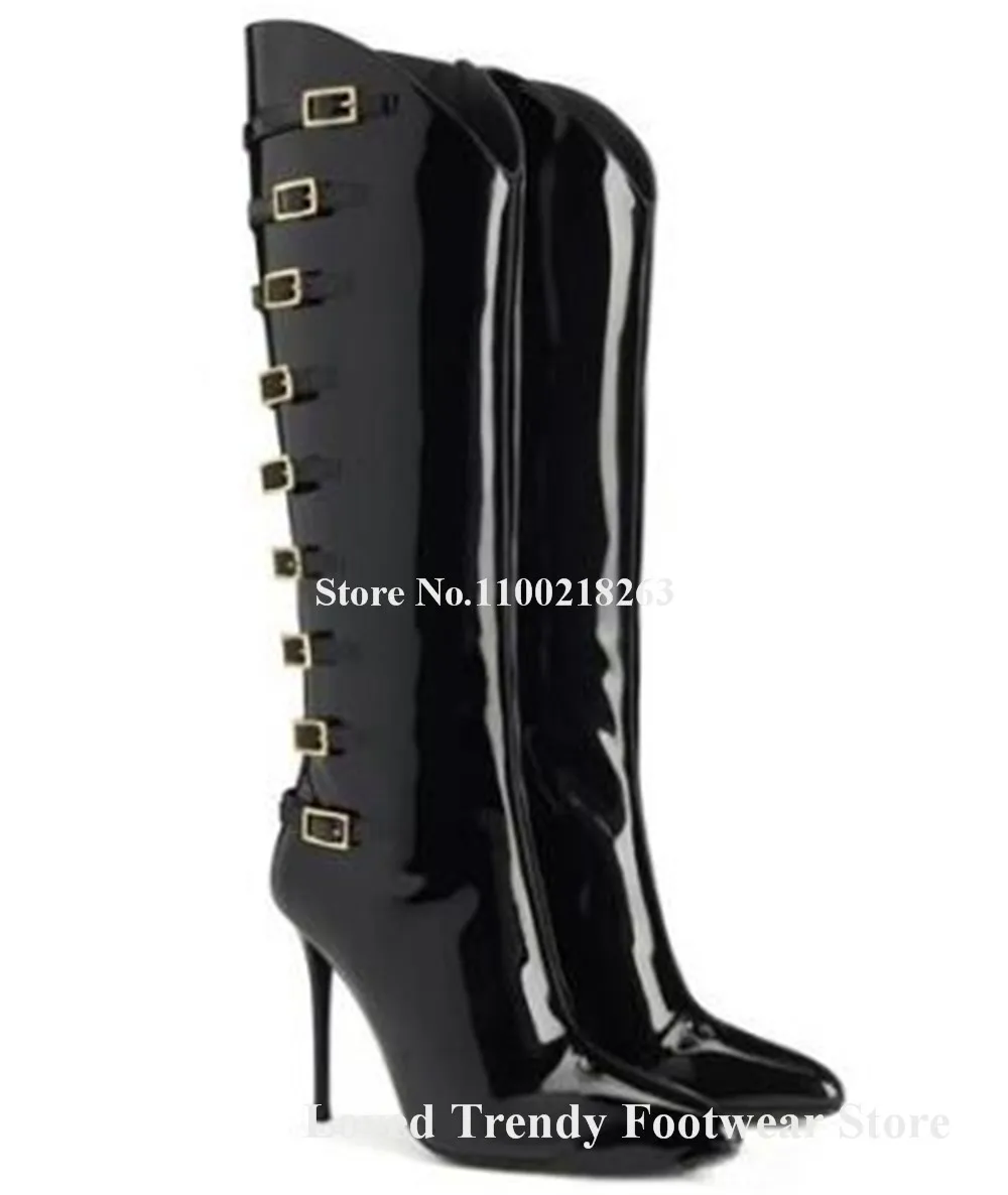 Elegant Black Patent Leather Metal Buckles Thin Heel Mid-calf Boots Pointed Toe Side Zipper-up Stiletto Heel Long Boots