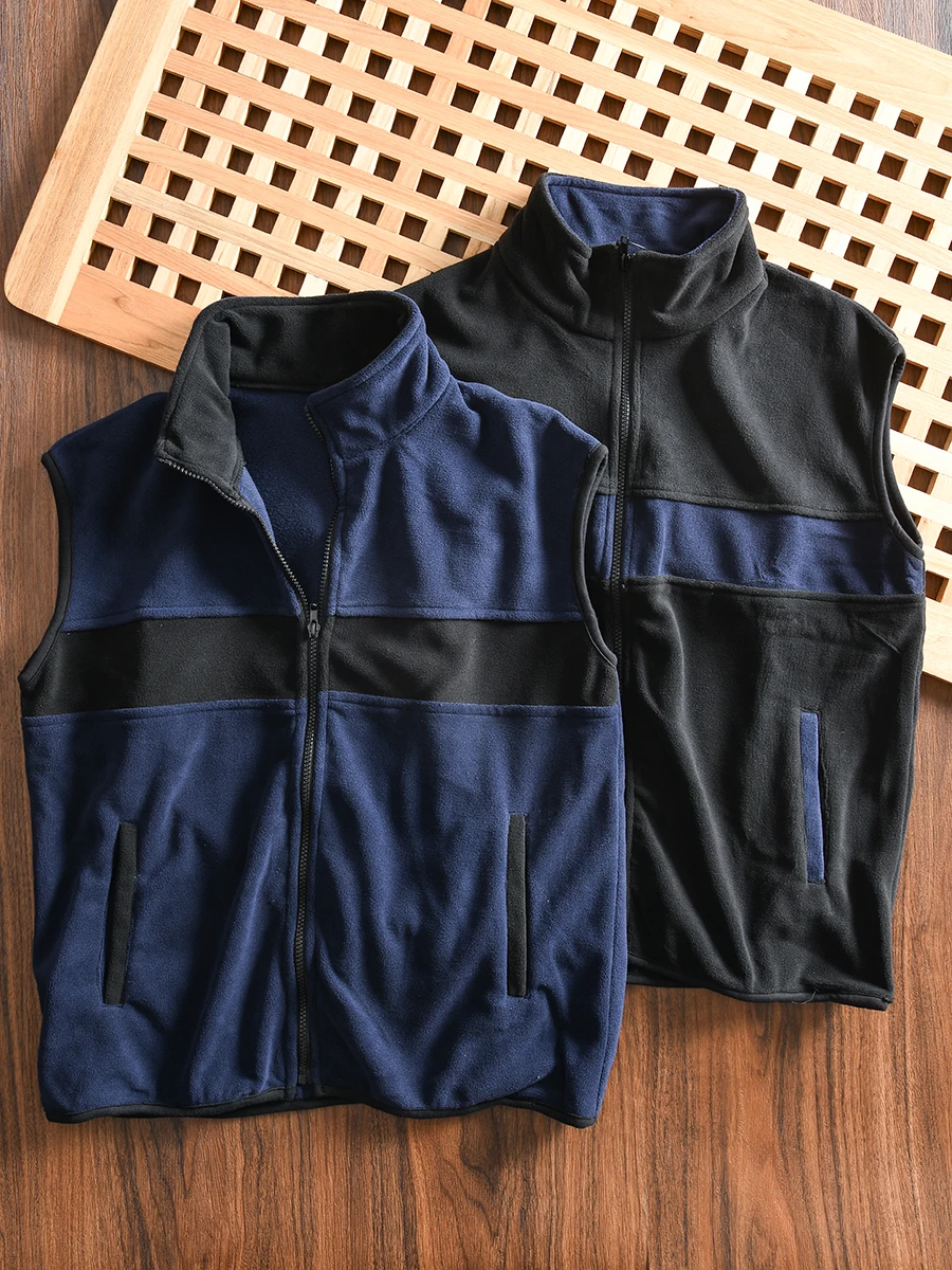 

Lightweight Warm Fleece Vest Men's Autumn Winter Casual Stand Collar Patchwork Color Vest Fashion Urban Style Loose Fit Youth