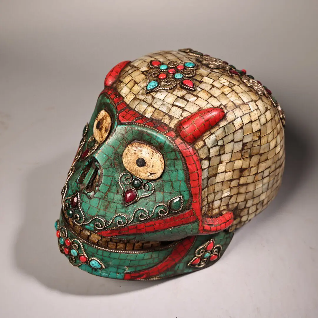 Nepal Pure Copper Handmade Monkey Head Mask Gem Shell Inlaid Collectible Wall Hanging Home Decor
