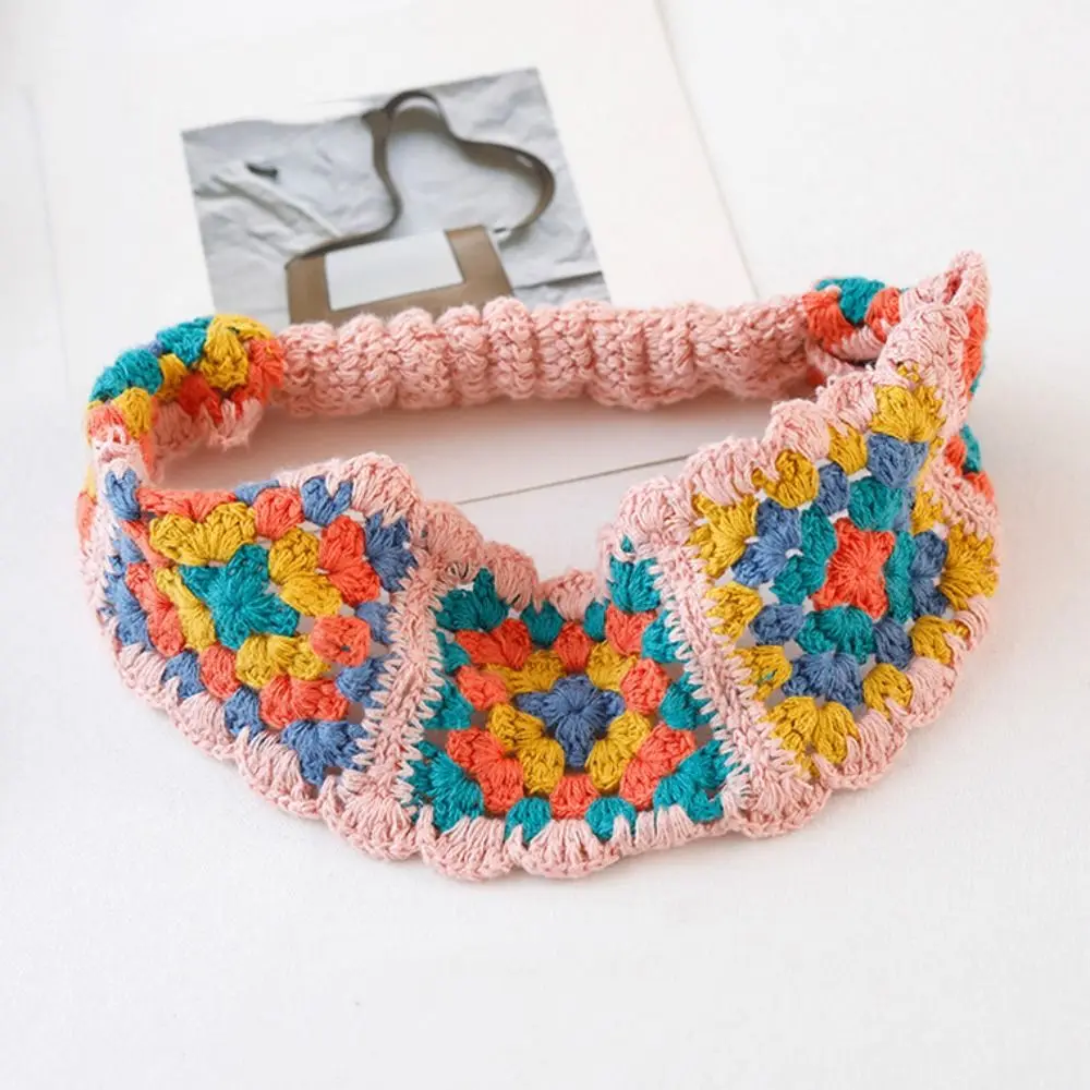 Cute Flower Knitted Headband Bohemian Colorful Hollow Crochet Bandana Pastoral Beach Headwear Ethnic Style Hair Band Travel