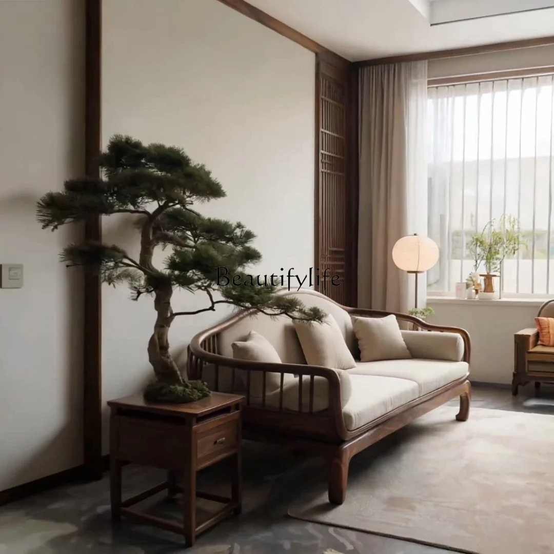 

yj21 New Chinese black walnut solid wood sofa, modern simple living room straight row fabric sofa